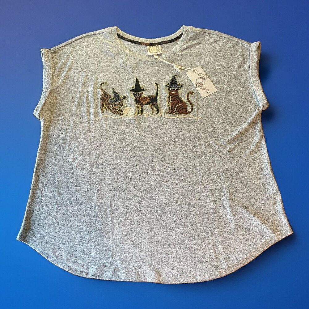 NWT Truself Women’s 2X Gray Witch Cat Graphic Tee Batwing Sleeve Halloween